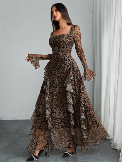 Women's Elegant Sexy Modern Luxurious Long Sleeve Y2K Romantic Ruffle Double Layer Abstract Leopard Print Dress Spring