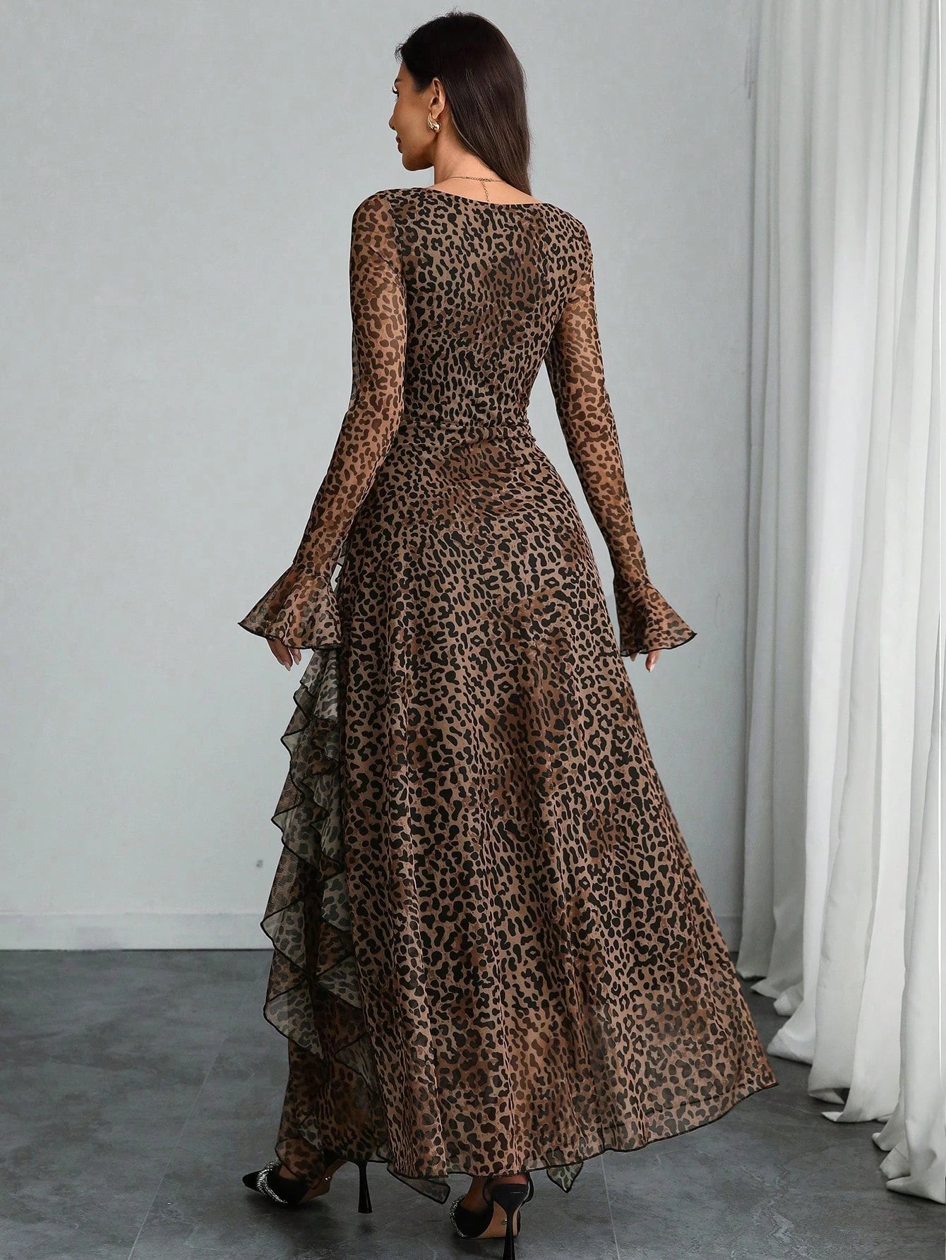 Women's Elegant Sexy Modern Luxurious Long Sleeve Y2K Romantic Ruffle Double Layer Abstract Leopard Print Dress Spring
