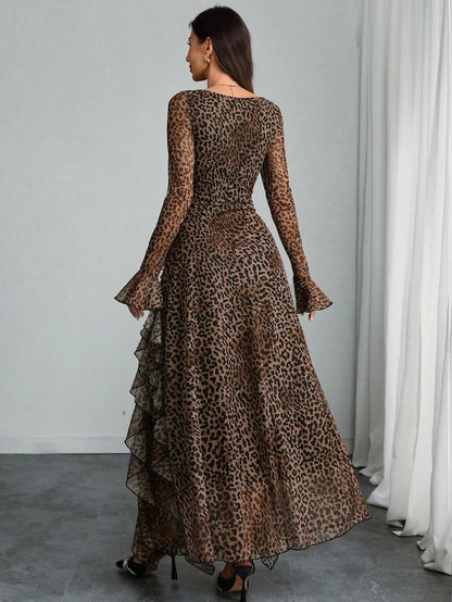 Women's Elegant Sexy Modern Luxurious Long Sleeve Y2K Romantic Ruffle Double Layer Abstract Leopard Print Dress Spring