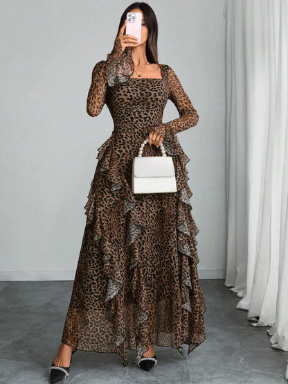 Women's Elegant Sexy Modern Luxurious Long Sleeve Y2K Romantic Ruffle Double Layer Abstract Leopard Print Dress Spring
