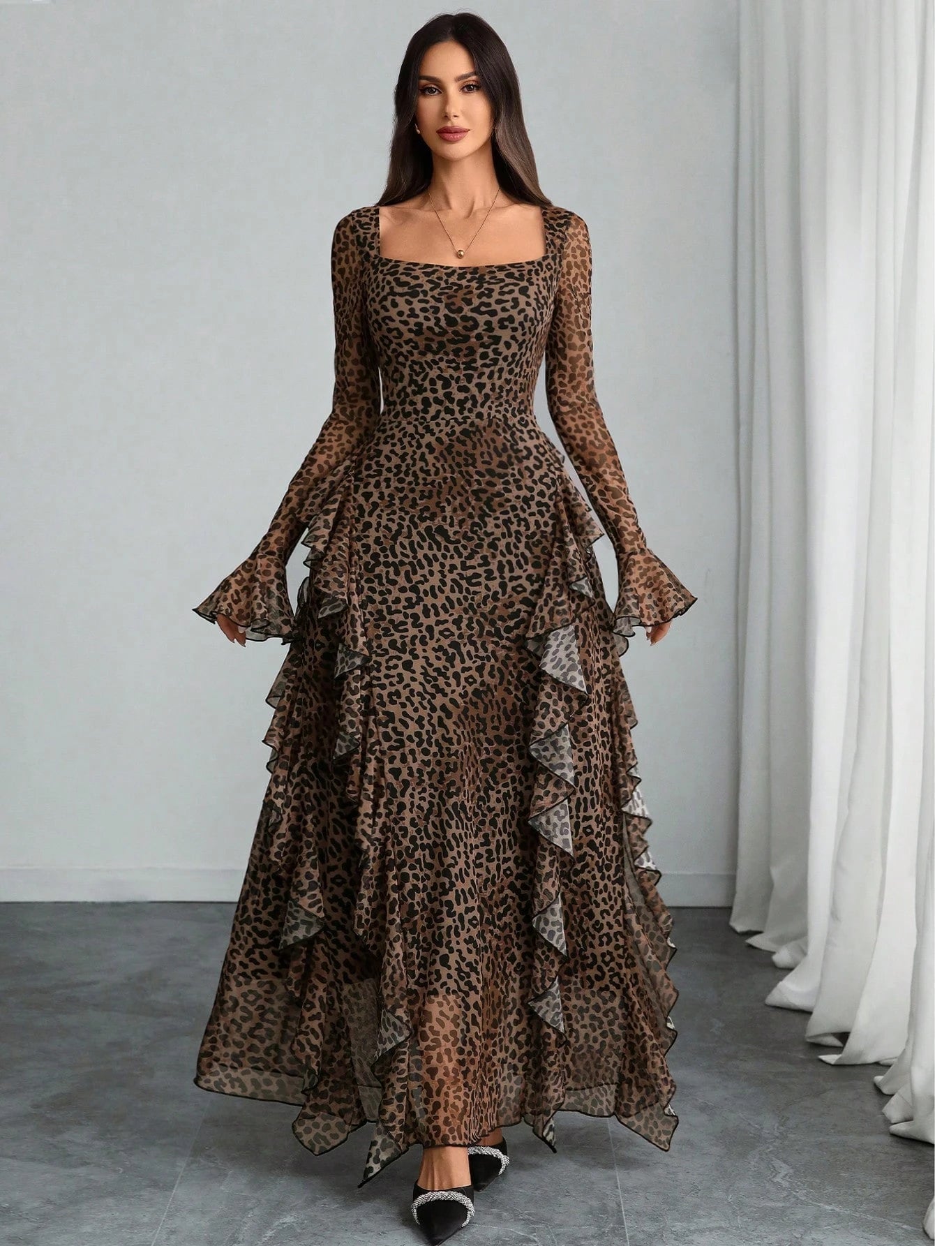 Women's Elegant Sexy Modern Luxurious Long Sleeve Y2K Romantic Ruffle Double Layer Abstract Leopard Print Dress Spring