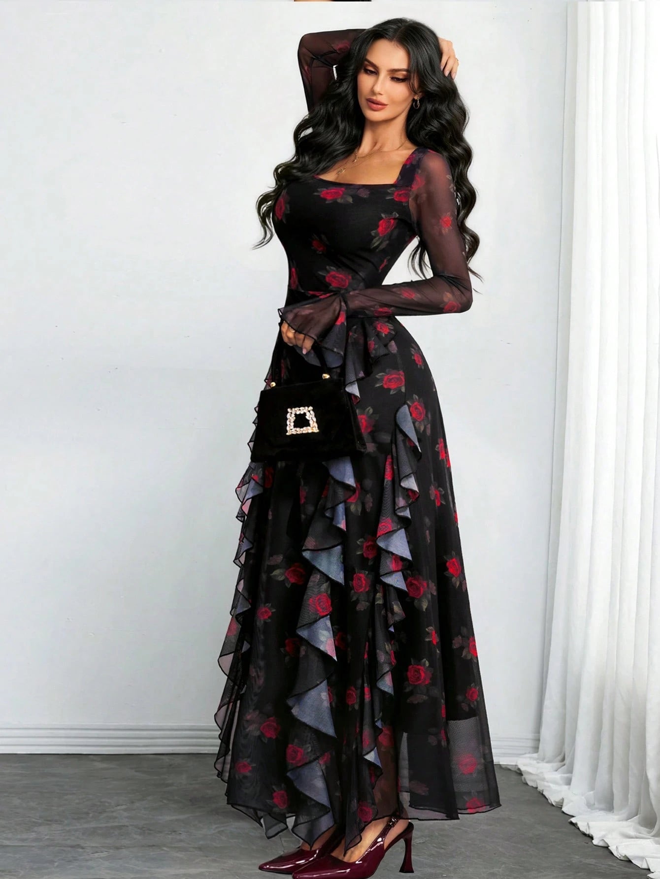 Women's Elegant Sexy Modern Luxurious Long Sleeve Y2K Romantic Ruffle Double Layer Abstract Leopard Print Dress Spring