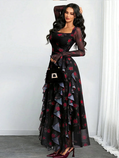 Women's Elegant Sexy Modern Luxurious Long Sleeve Y2K Romantic Ruffle Double Layer Abstract Leopard Print Dress Spring