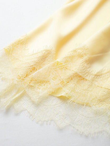 Women's Elegant Silk-Like Contrast Lace Skirt Summer Yellow