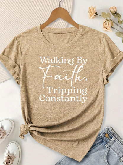Women's Elegant White Line Letter Print Pattern Round Neck Short Sleeve T-Shirt For Spring, Summer, Autumn, And Winter, Fashionable For Commuting, V