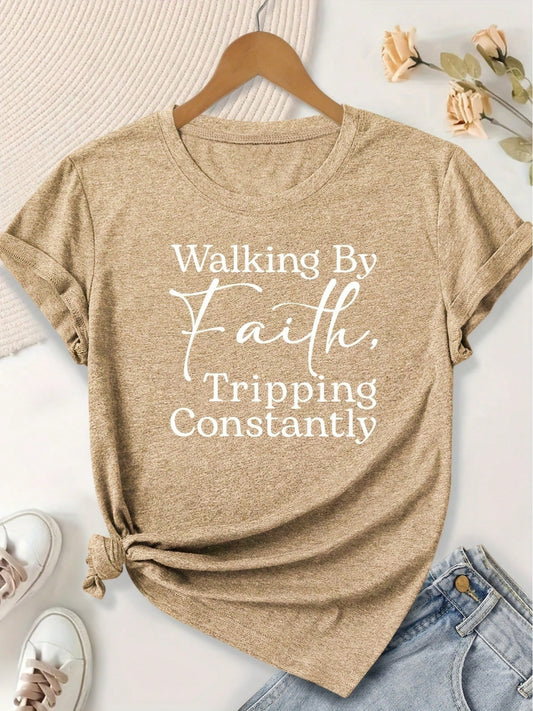 Women's Elegant White Line Letter Print Pattern Round Neck Short Sleeve T-Shirt For Spring, Summer, Autumn, And Winter, Fashionable For Commuting, V