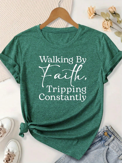 Women's Elegant White Line Letter Print Pattern Round Neck Short Sleeve T-Shirt For Spring, Summer, Autumn, And Winter, Fashionable For Commuting, V