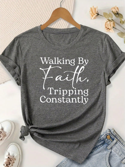 Women's Elegant White Line Letter Print Pattern Round Neck Short Sleeve T-Shirt For Spring, Summer, Autumn, And Winter, Fashionable For Commuting, V