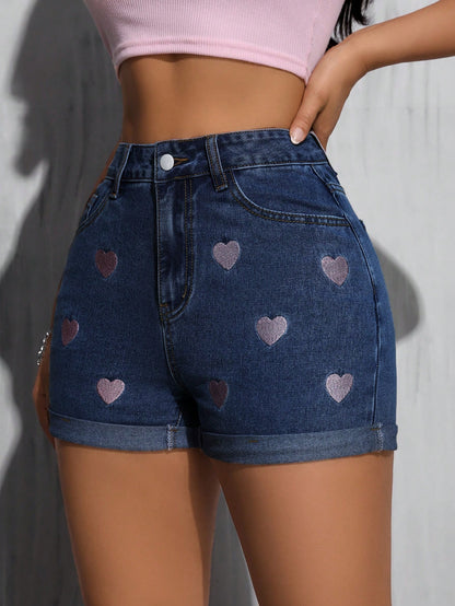 Women's Fashion Pink Heart Embroidered Cuffed Hem, Pink Leather Patch Decor, Dark Blue Elastic Denim Shorts Casual Summer
