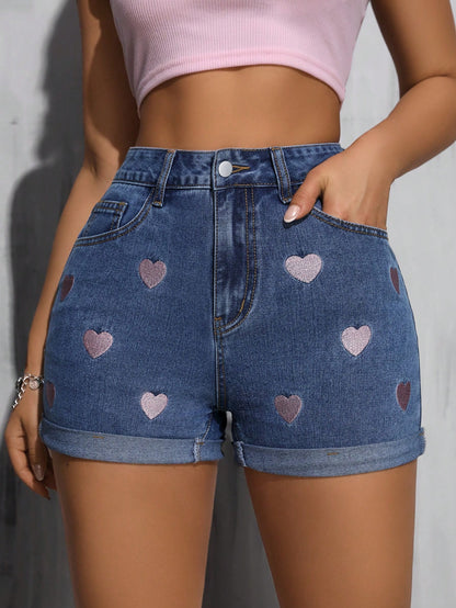 Women's Fashion Pink Heart Embroidered Cuffed Hem, Pink Leather Patch Decor, Dark Blue Elastic Denim Shorts Casual Summer