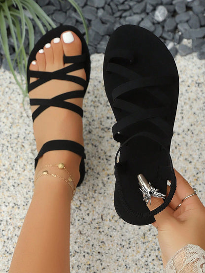 Women's Fashionable Flat Sandals, Elegant Solid Color Criss-Cross Strap Design, Charming For Various Occasions, Vacation And Beach