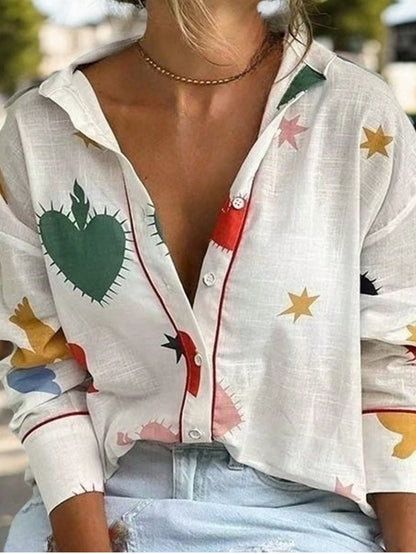 Women's Fashionable Loose Textured Collared Shirt With Random Heart, Star And Bird Print Patterns And Red Trim Vacation Casual