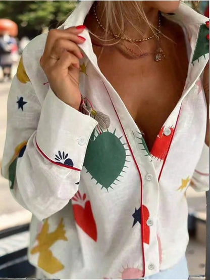 Women's Fashionable Loose Textured Collared Shirt With Random Heart, Star And Bird Print Patterns And Red Trim Vacation Casual