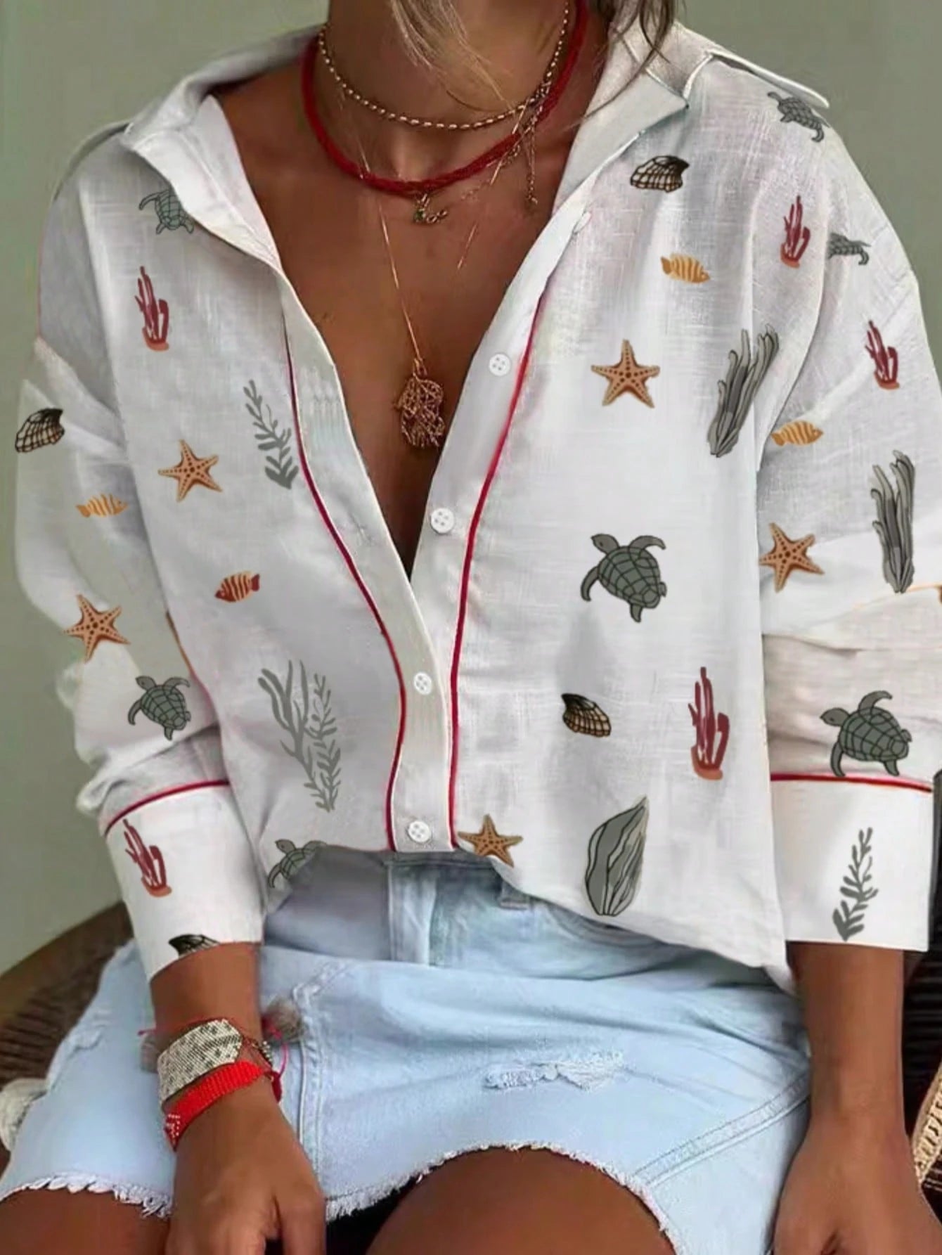 Women's Fashionable Loose Textured Collared Shirt With Random Heart, Star And Bird Print Patterns And Red Trim Vacation Casual