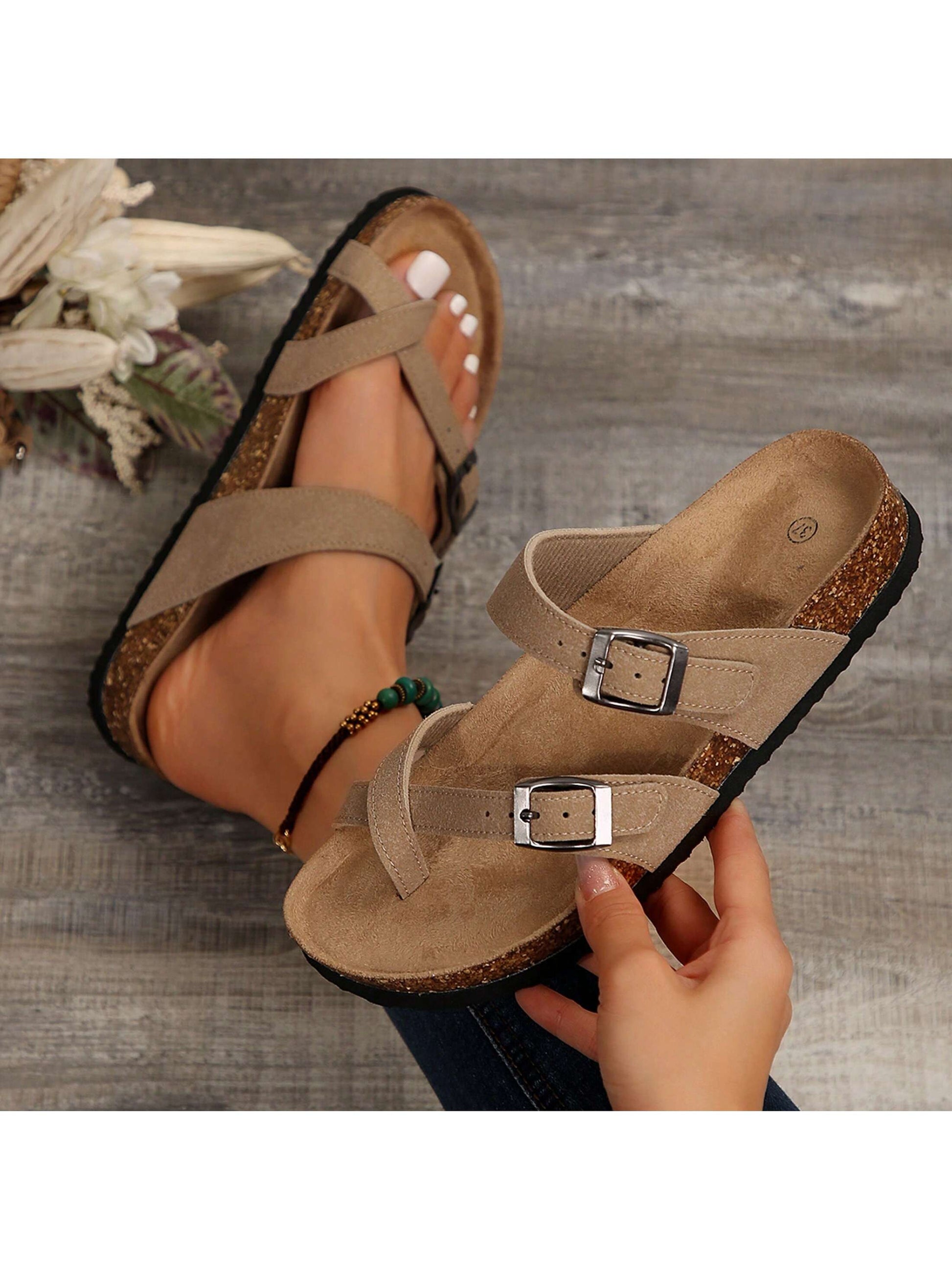 Women's Flat Retro Style Casual Sandals,Toe Ring Cross Strap Cork Sandals,With Adjustable Buckle Summer Sandals