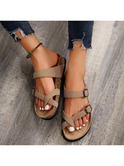 Women's Flat Retro Style Casual Sandals,Toe Ring Cross Strap Cork Sandals,With Adjustable Buckle Summer Sandals