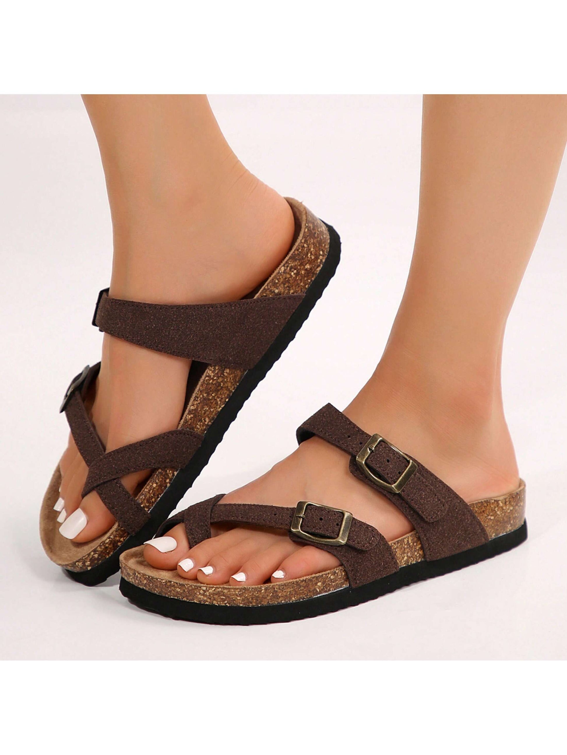 Women's Flat Retro Style Casual Sandals,Toe Ring Cross Strap Cork Sandals,With Adjustable Buckle Summer Sandals