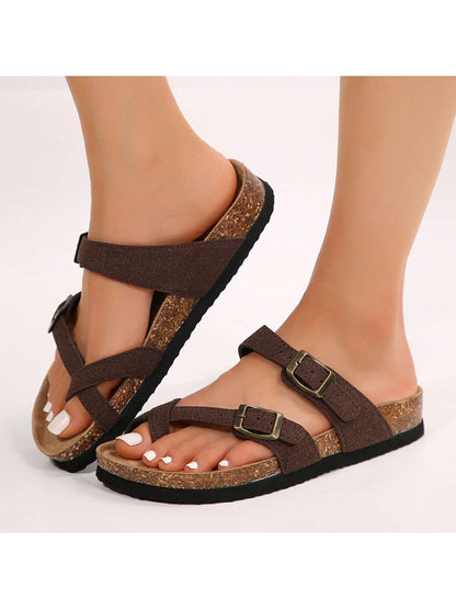 Women's Flat Retro Style Casual Sandals,Toe Ring Cross Strap Cork Sandals,With Adjustable Buckle Summer Sandals