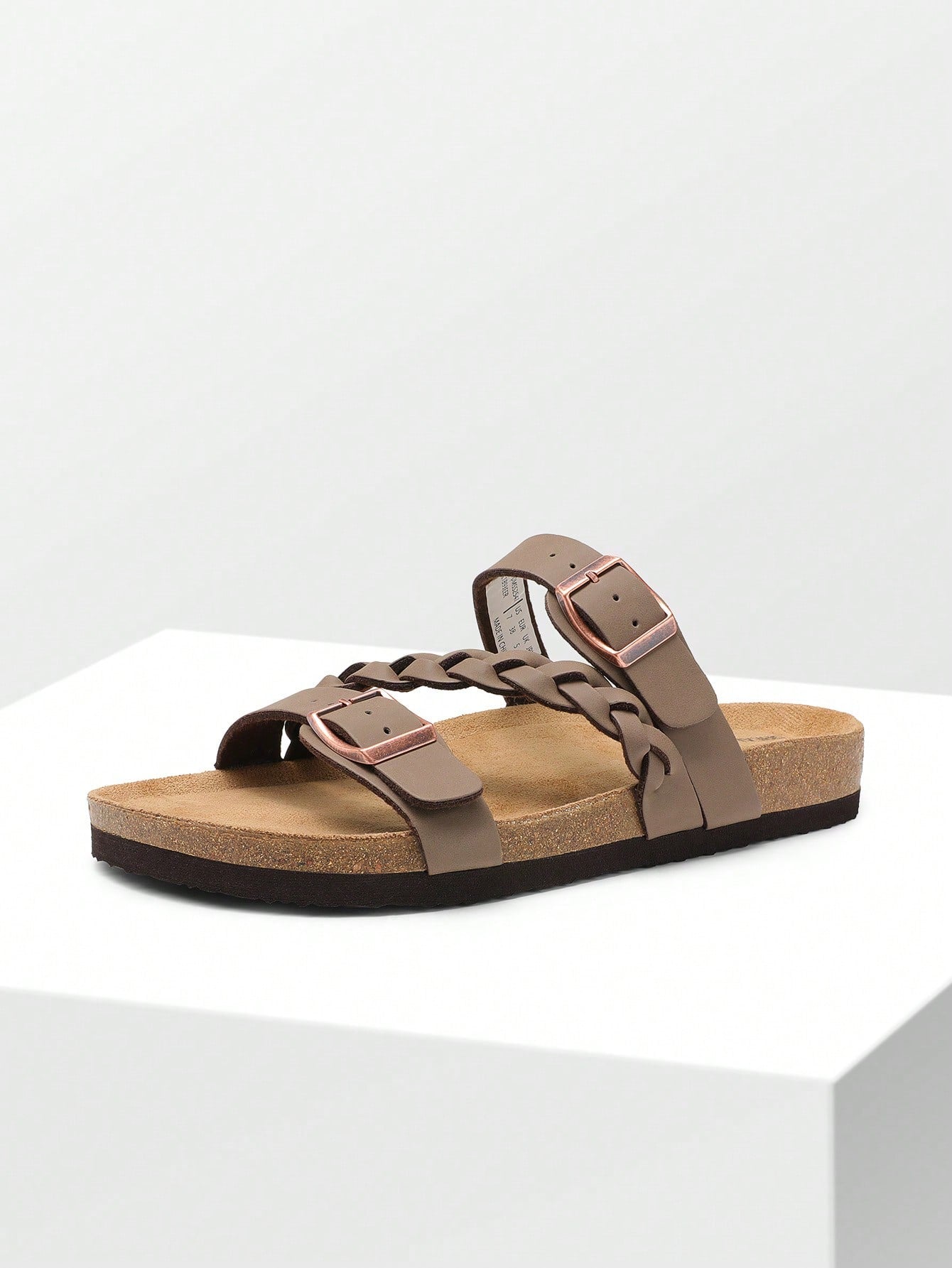 Women's Footbed Slides Sandals Soft Cork Slip-On Flat Sandals Arch Support Adjustable Buckle Braided Straps Slippers Comfortable Walking Shoes