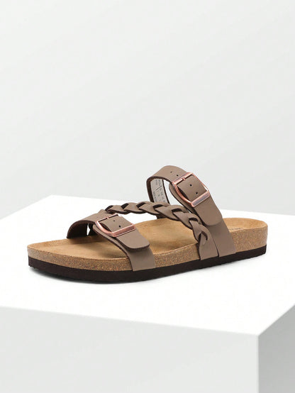 Women's Footbed Slides Sandals Soft Cork Slip-On Flat Sandals Arch Support Adjustable Buckle Braided Straps Slippers Comfortable Walking Shoes