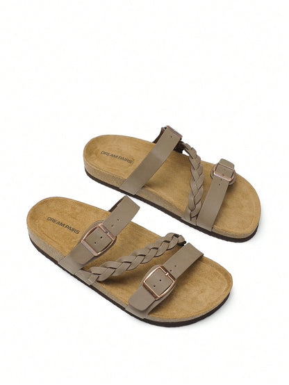 Women's Footbed Slides Sandals Soft Cork Slip-On Flat Sandals Arch Support Adjustable Buckle Braided Straps Slippers Comfortable Walking Shoes