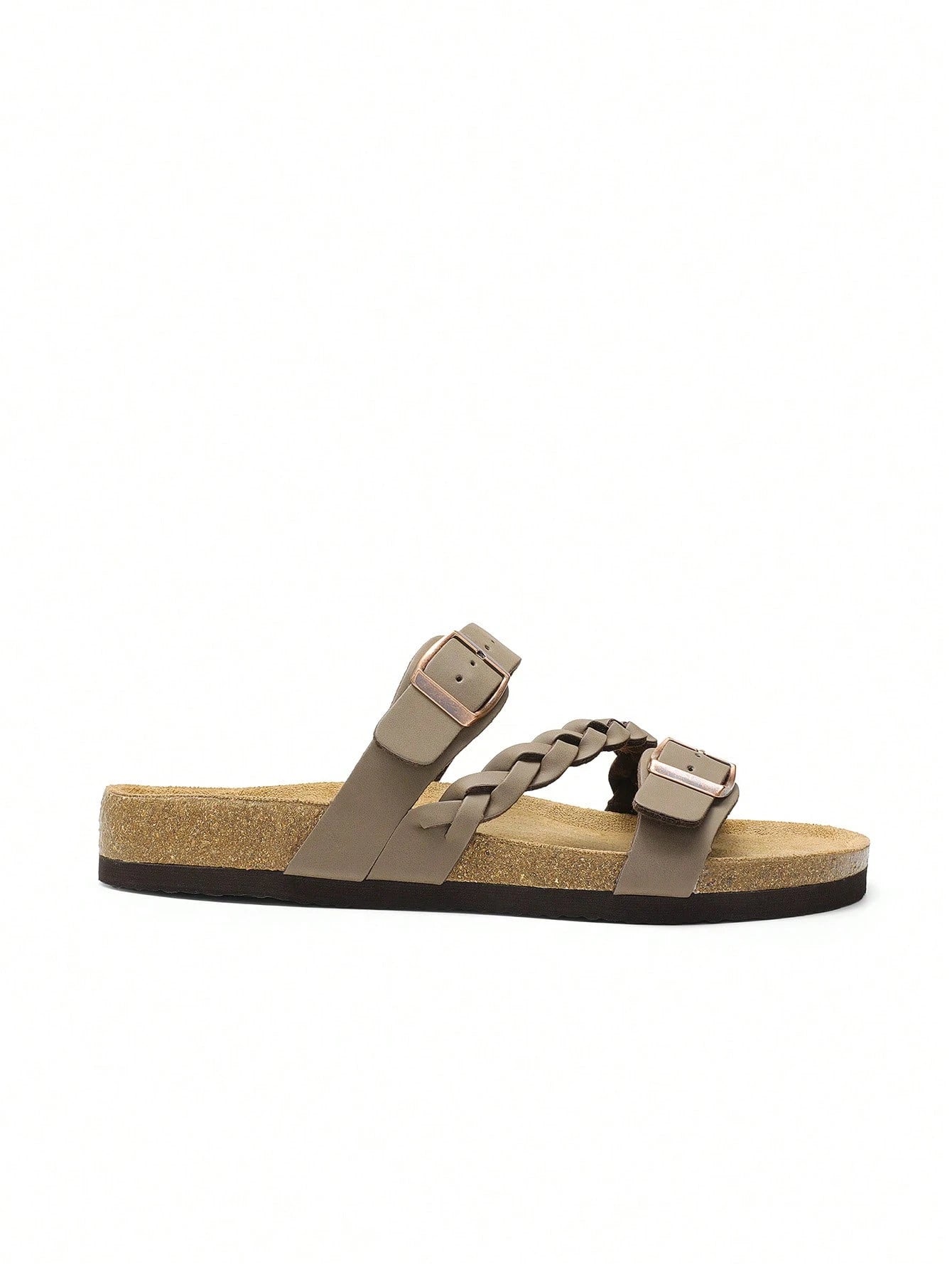 Women's Footbed Slides Sandals Soft Cork Slip-On Flat Sandals Arch Support Adjustable Buckle Braided Straps Slippers Comfortable Walking Shoes