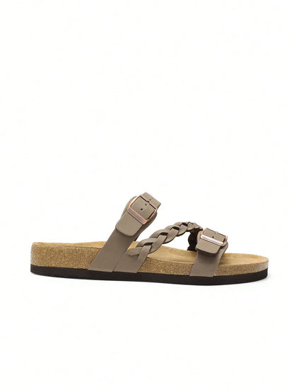 Women's Footbed Slides Sandals Soft Cork Slip-On Flat Sandals Arch Support Adjustable Buckle Braided Straps Slippers Comfortable Walking Shoes