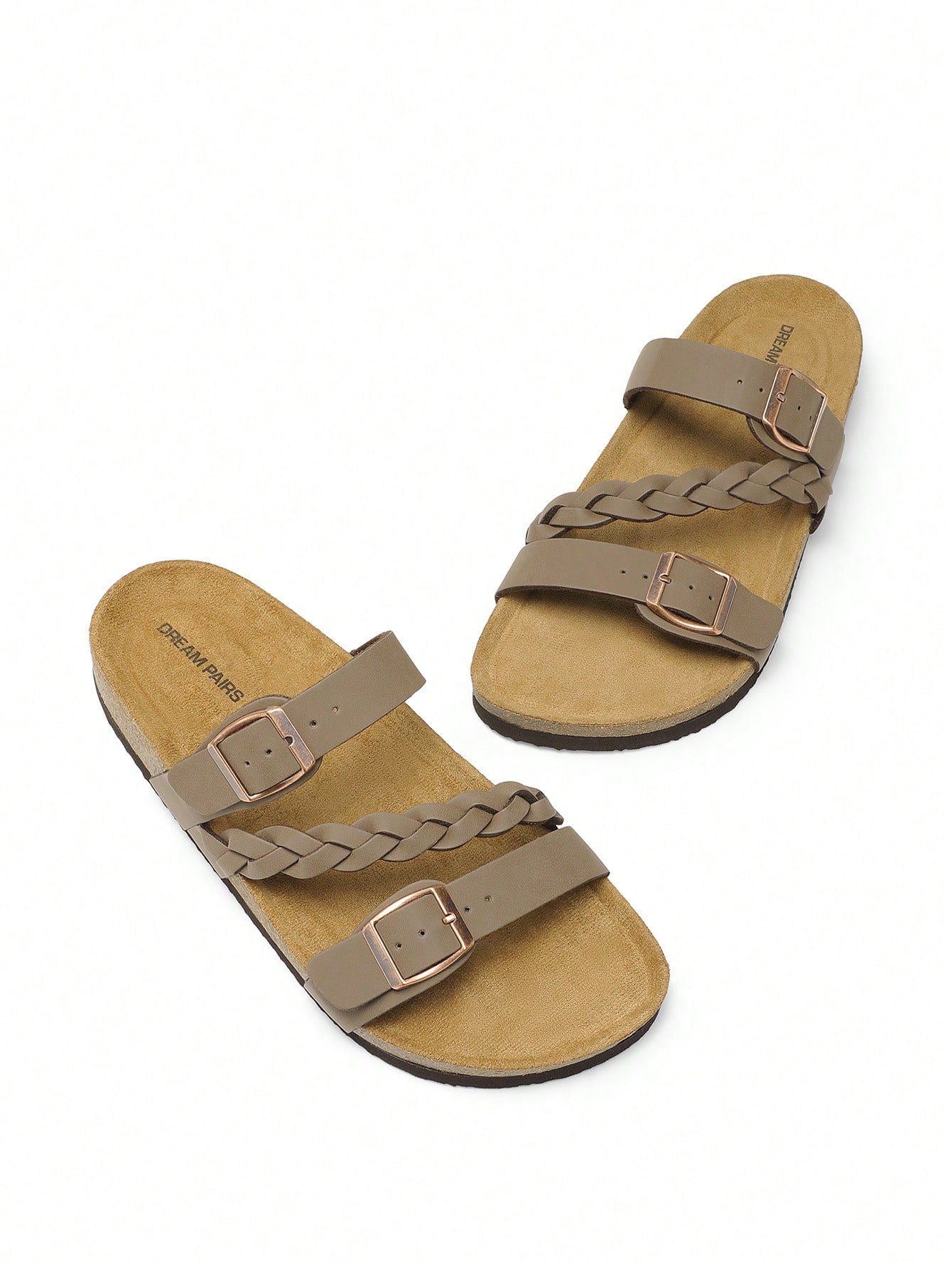 Women's Footbed Slides Sandals Soft Cork Slip-On Flat Sandals Arch Support Adjustable Buckle Braided Straps Slippers Comfortable Walking Shoes