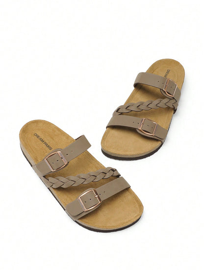 Women's Footbed Slides Sandals Soft Cork Slip-On Flat Sandals Arch Support Adjustable Buckle Braided Straps Slippers Comfortable Walking Shoes