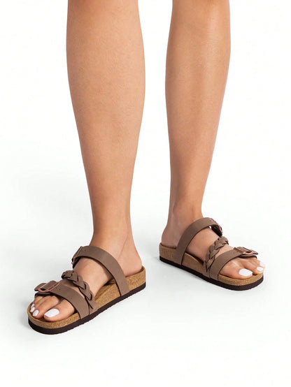Women's Footbed Slides Sandals Soft Cork Slip-On Flat Sandals Arch Support Adjustable Buckle Braided Straps Slippers Comfortable Walking Shoes