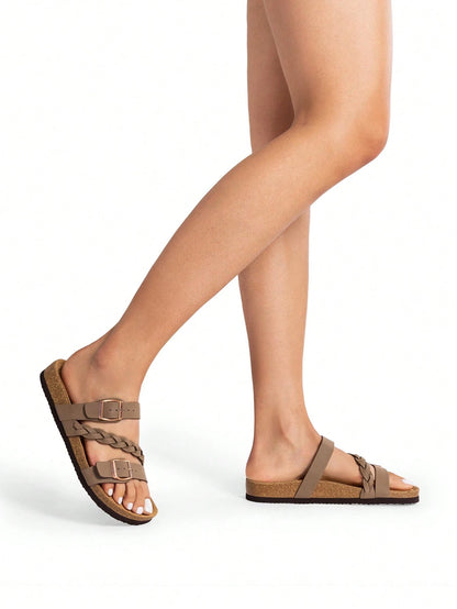 Women's Footbed Slides Sandals Soft Cork Slip-On Flat Sandals Arch Support Adjustable Buckle Braided Straps Slippers Comfortable Walking Shoes