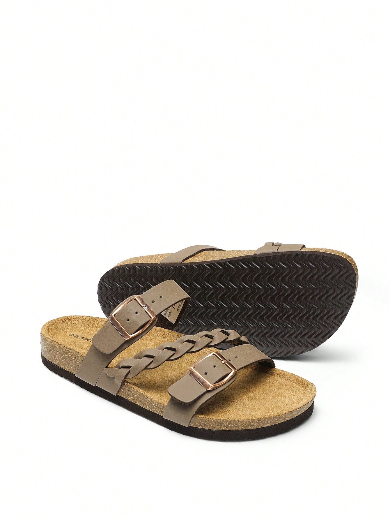 Women's Footbed Slides Sandals Soft Cork Slip-On Flat Sandals Arch Support Adjustable Buckle Braided Straps Slippers Comfortable Walking Shoes