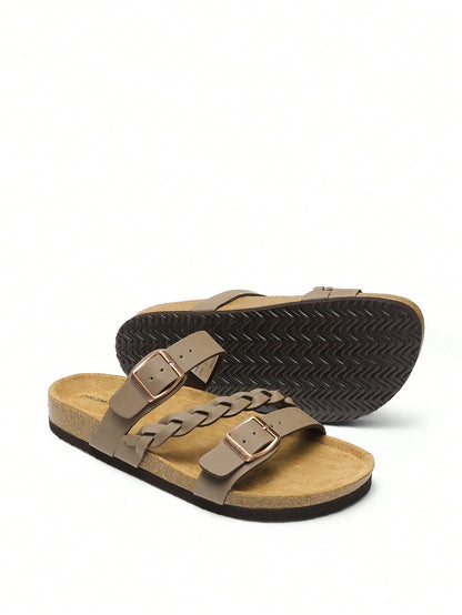 Women's Footbed Slides Sandals Soft Cork Slip-On Flat Sandals Arch Support Adjustable Buckle Braided Straps Slippers Comfortable Walking Shoes