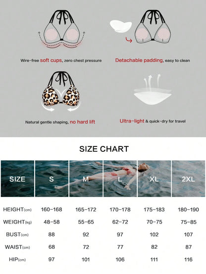 Women's Halter Bikini Set, Black & White 2 Pieces Swimwear, Side Tie Bikini Bottoms, Comfortable & Fitted Vacation Beach Summer