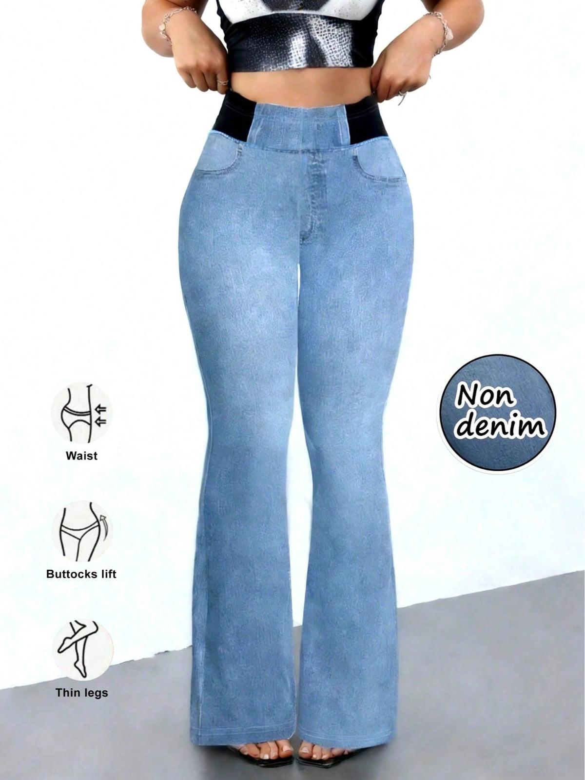 Women's High Stretch Flare Pants, Denim Effect Print- Slim Fit Retro Style Trousers, Comfortable Breathable Casual Pants Spring
