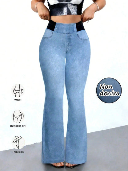 Women's High Stretch Flare Pants, Denim Effect Print- Slim Fit Retro Style Trousers, Comfortable Breathable Casual Pants Spring