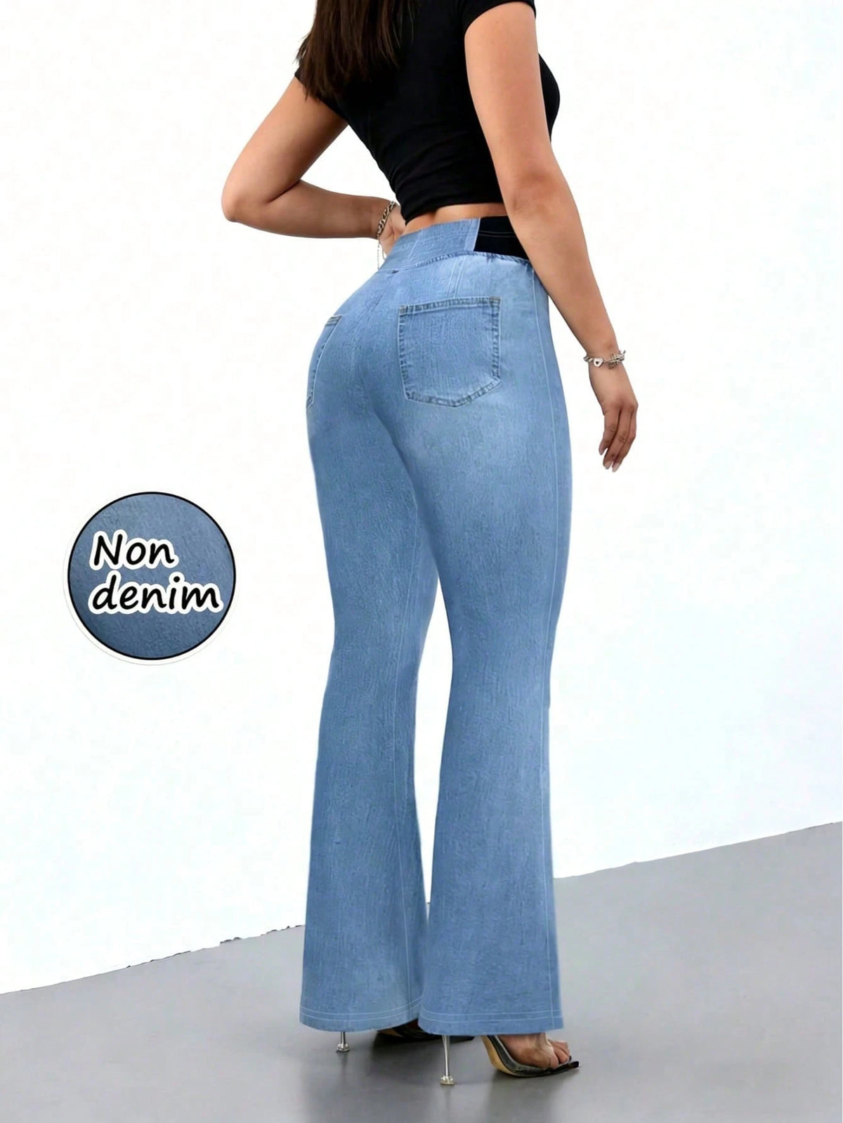 Women's High Stretch Flare Pants, Denim Effect Print- Slim Fit Retro Style Trousers, Comfortable Breathable Casual Pants Spring