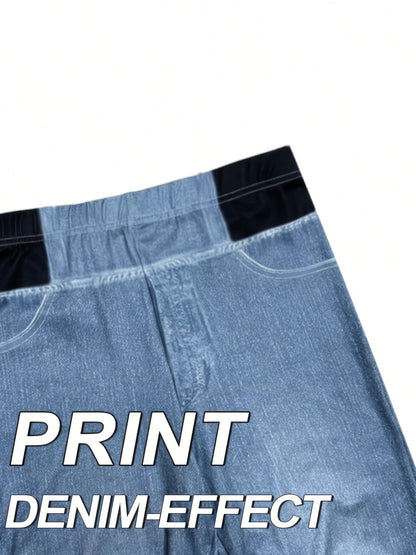 Women's High Stretch Flare Pants, Denim Effect Print- Slim Fit Retro Style Trousers, Comfortable Breathable Casual Pants Spring