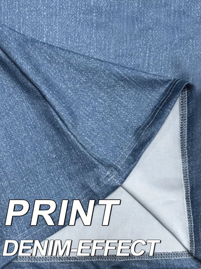 Women's High Stretch Flare Pants, Denim Effect Print- Slim Fit Retro Style Trousers, Comfortable Breathable Casual Pants Spring