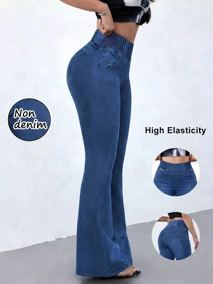 Women's High Stretch Flare Pants, Denim Effect Print- Slim Fit Retro Style Trousers, Comfortable Breathable Casual Pants Spring