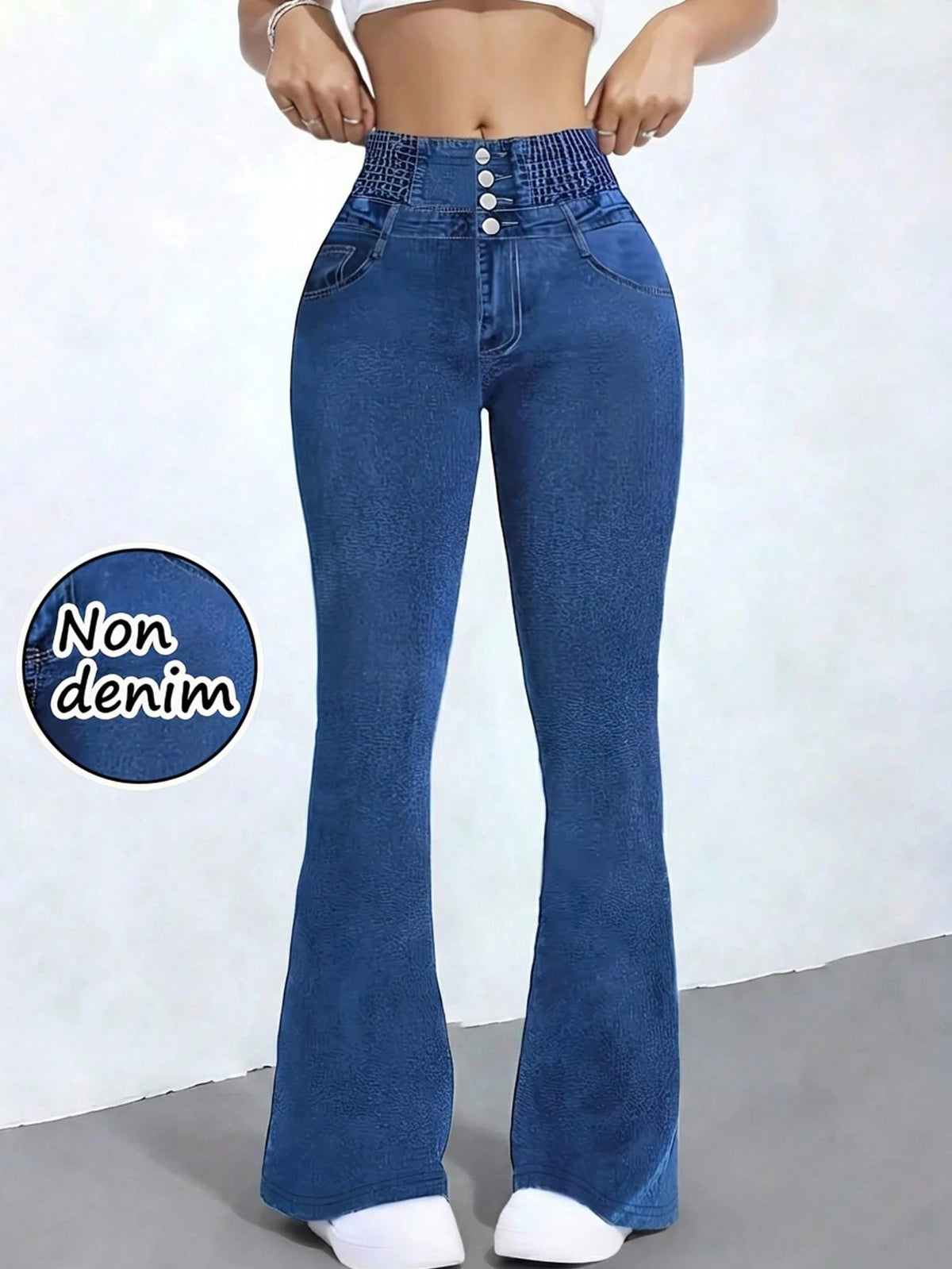 Women's High Stretch Flare Pants, Denim Effect Print- Slim Fit Retro Style Trousers, Comfortable Breathable Casual Pants Spring