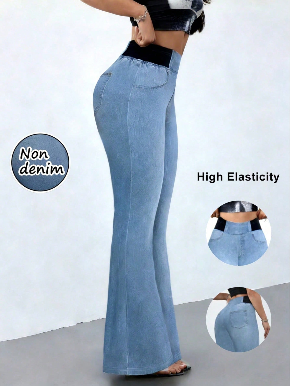 Women's High Stretch Flare Pants, Denim Effect Print- Slim Fit Retro Style Trousers, Comfortable Breathable Casual Pants Spring
