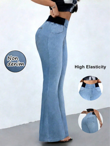 Women's High Stretch Flare Pants, Denim Effect Print- Slim Fit Retro Style Trousers, Comfortable Breathable Casual Pants Spring
