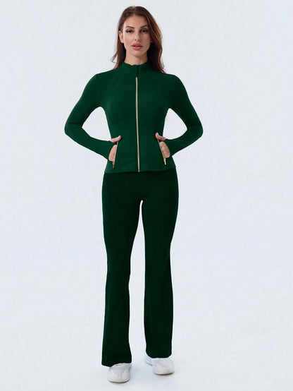 Women's High Stretch Slim Fit BBL Jacket Gold Zip Up Stand Collar Thumb Hole Activewear Top Multi Color Gym Workout Casual Wear