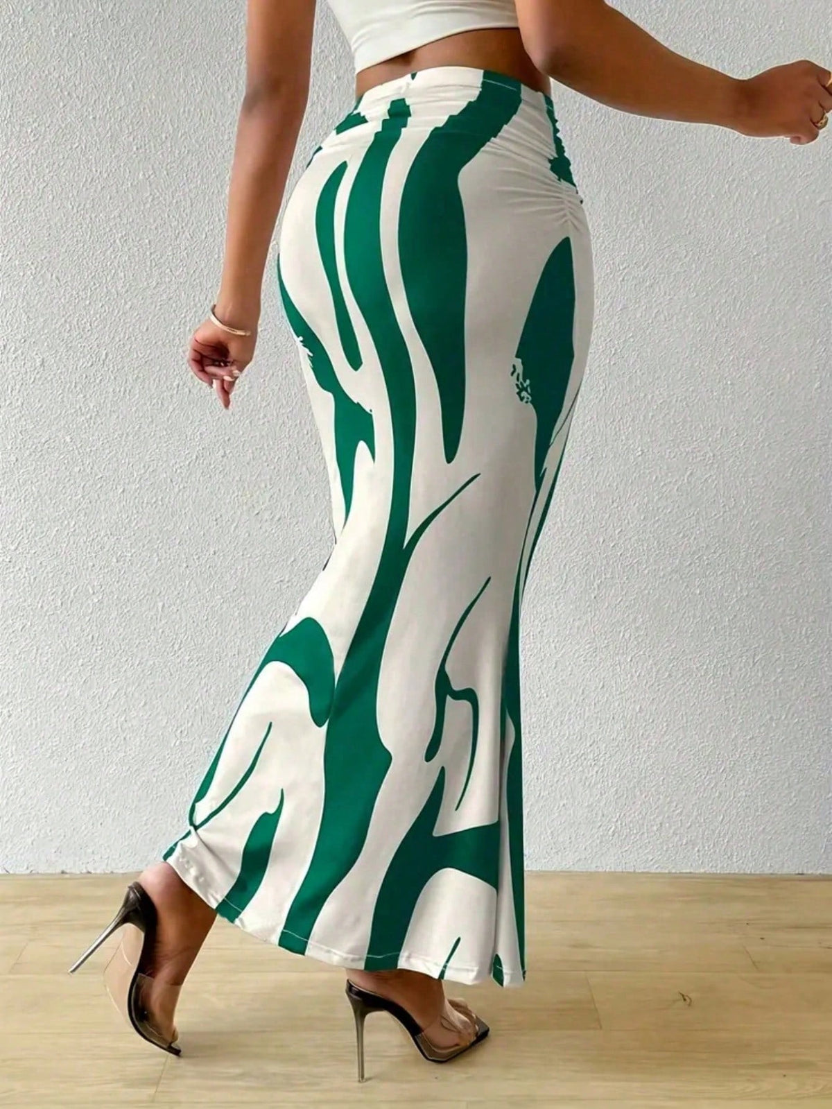 Women's High Waist Pleated Pattern Print Fish Tail Hem Skirt Spring