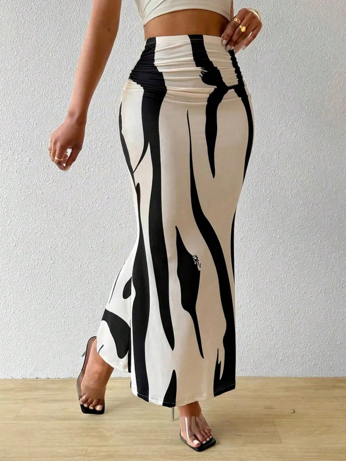Women's High Waist Pleated Pattern Print Fish Tail Hem Skirt Spring