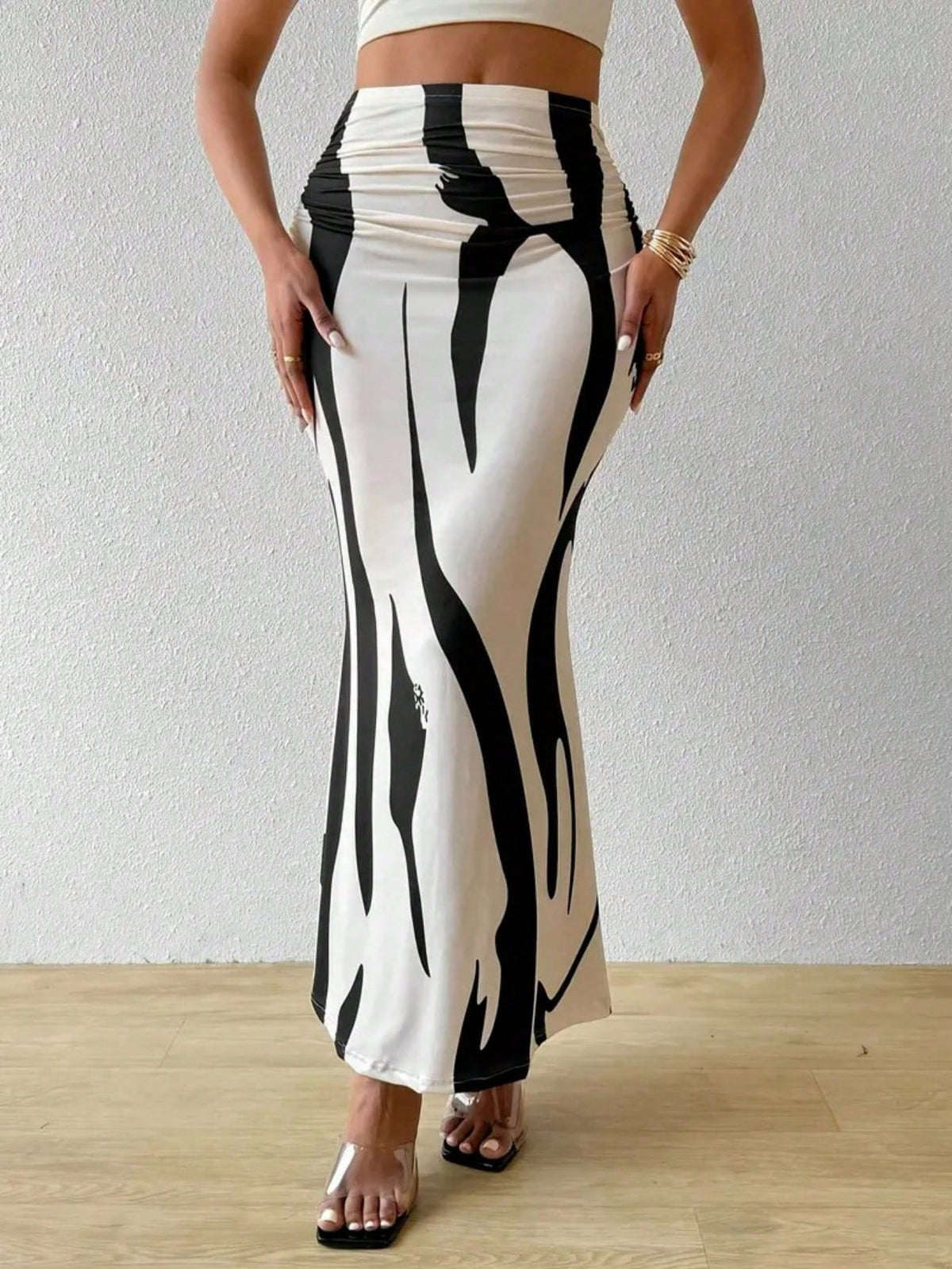 Women's High Waist Pleated Pattern Print Fish Tail Hem Skirt Spring