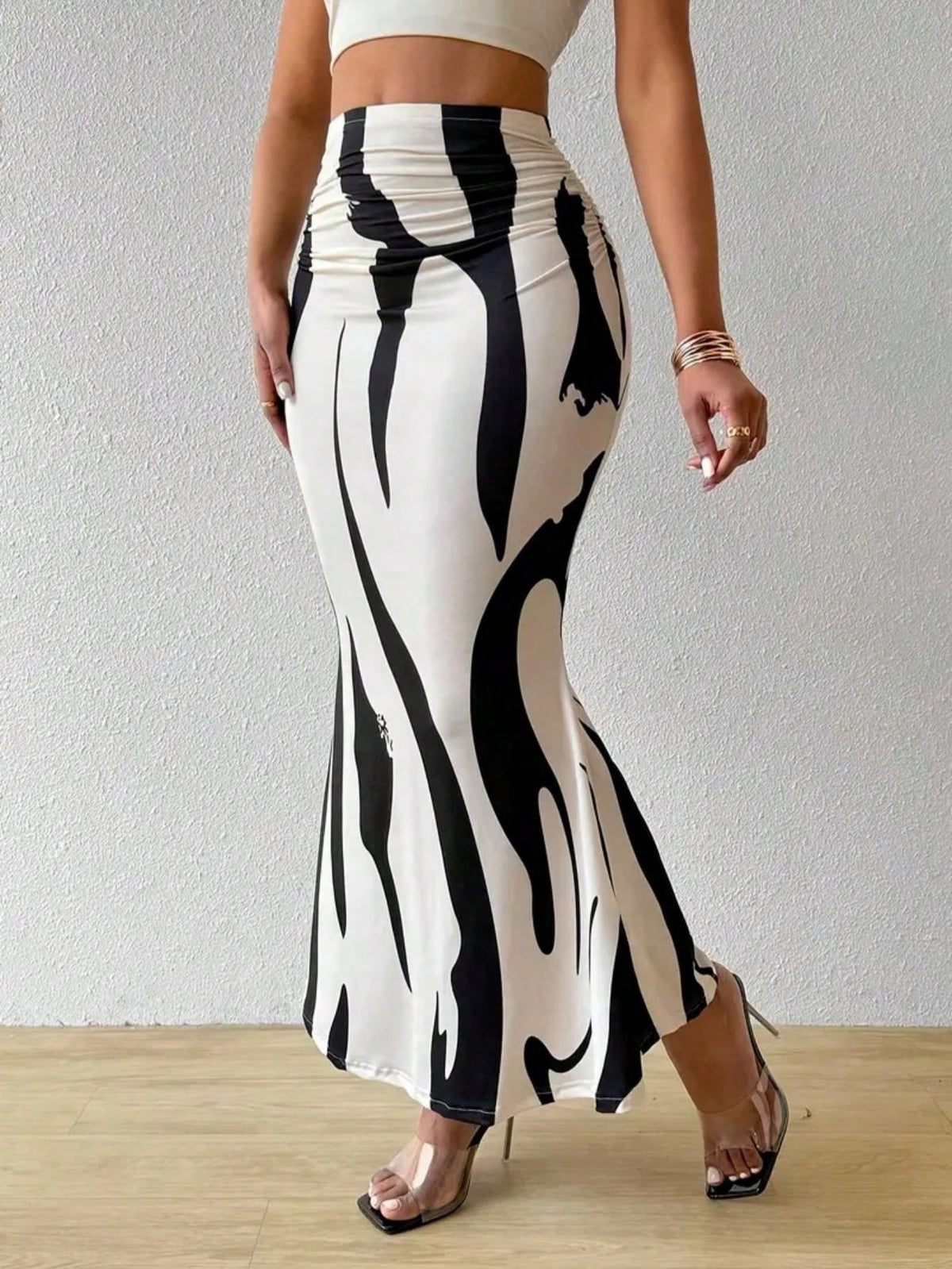 Women's High Waist Pleated Pattern Print Fish Tail Hem Skirt Spring