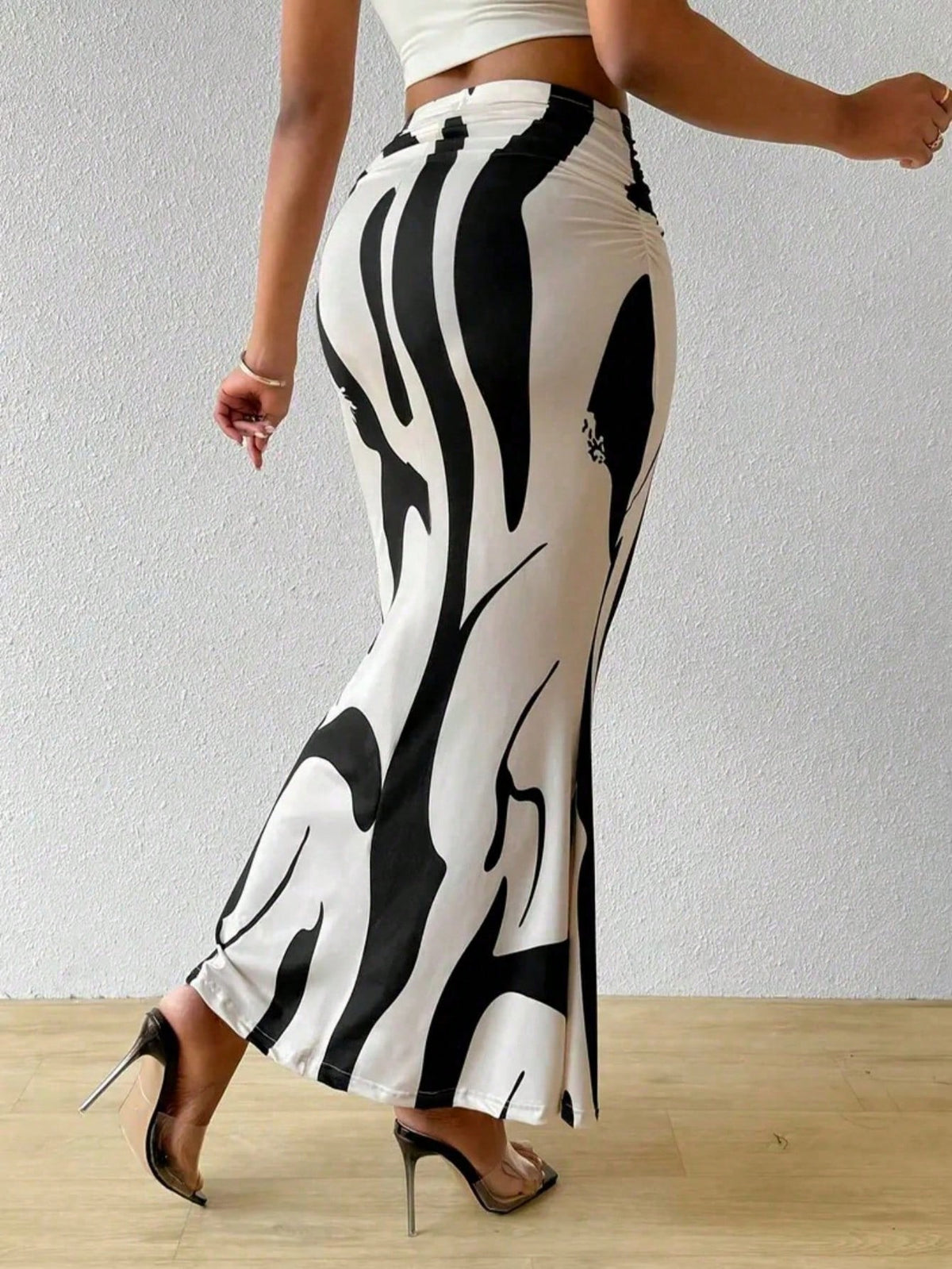 Women's High Waist Pleated Pattern Print Fish Tail Hem Skirt Spring