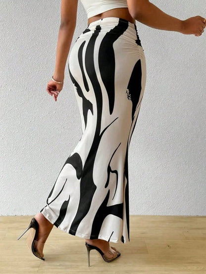 Women's High Waist Pleated Pattern Print Fish Tail Hem Skirt Spring
